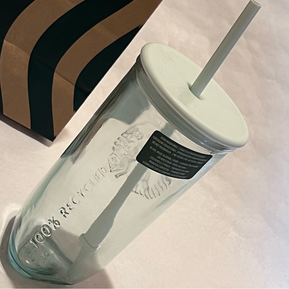 Starbucks Recycled Triangle Glass Cold Cup Tumbler with Straw Green 16oz - Picture 6 of 15